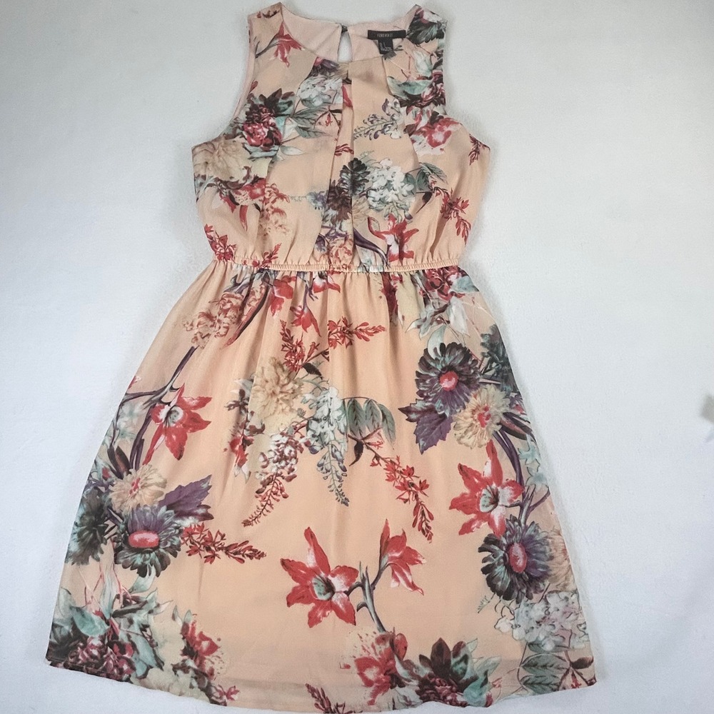 Forever 21 Peach Floral Sleeveless Fit and Flare Dress Small Pleated Neck